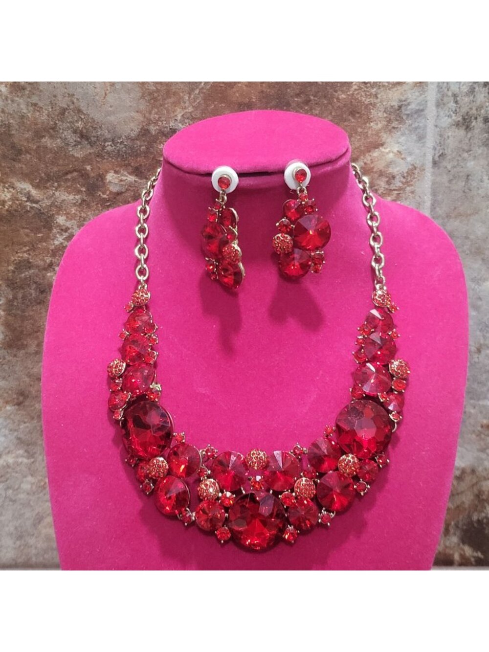 Vintage Red Rhinestone Statement Necklace and Earring Set